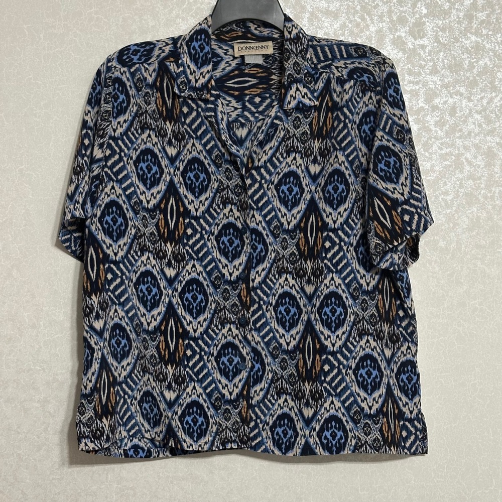 Donnkenny Ikat Diamond Print Button Up Blouse Short Sleeve Blue Black Boho 1X